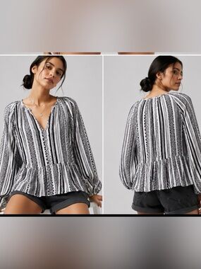 Anthropologie Keep in Touch Top White Black Geometric Stripe Peasant Blouse